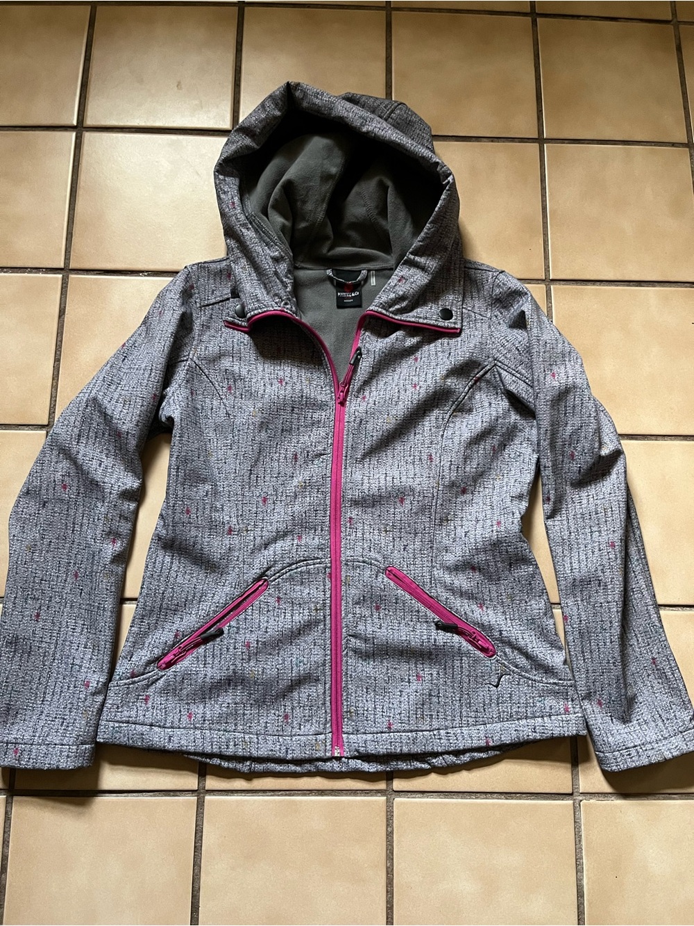Hawke & Co Gray Hooded Softshell Rain Jacket with Pink Accents